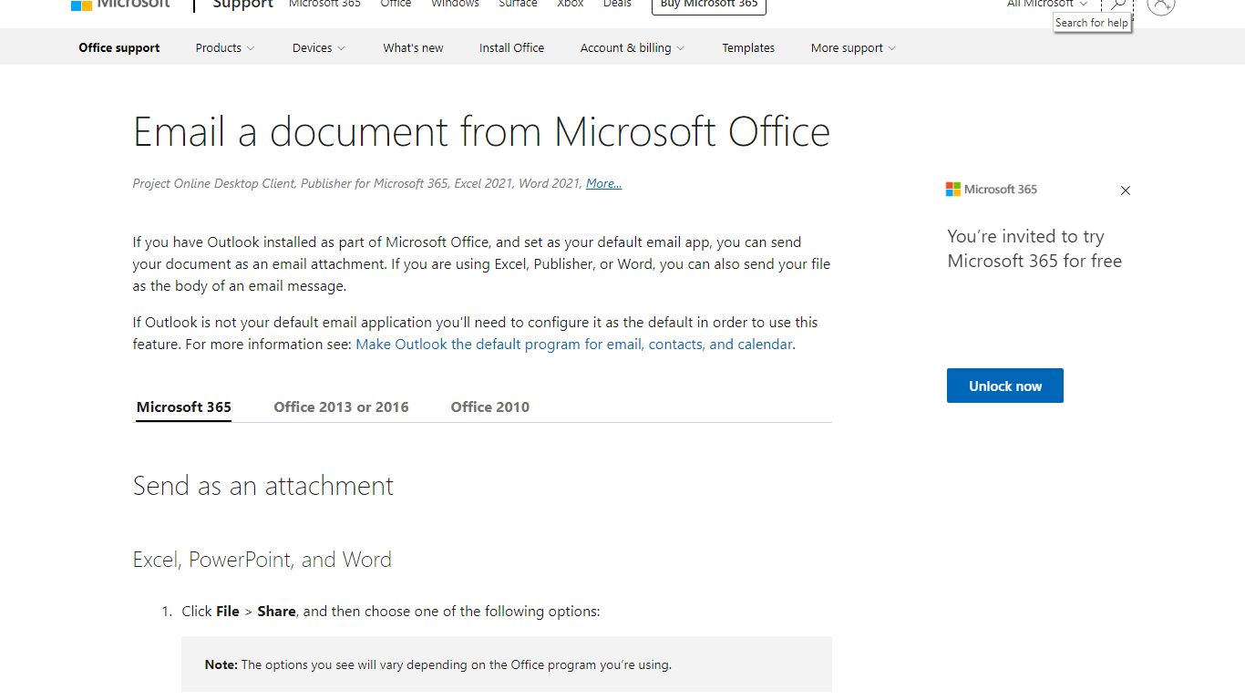 Email a document from Microsoft Office
