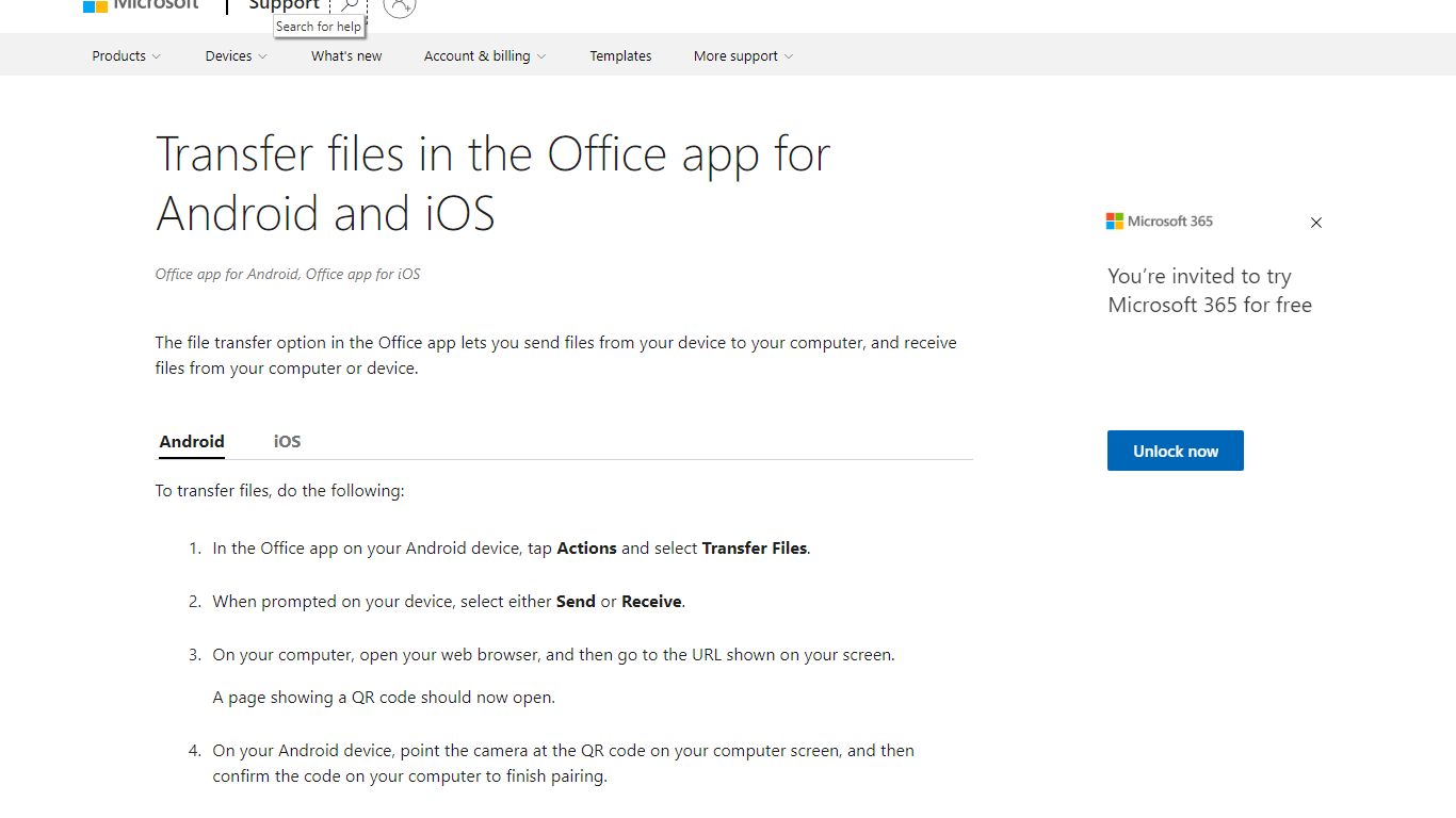 Transfer files in the Office app for Android and iOS